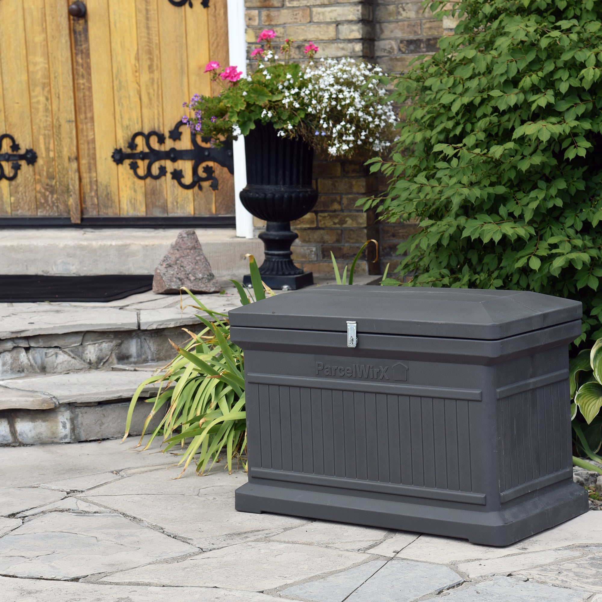 Graphite ParcelWirx horizontal premium dropbox on front porch