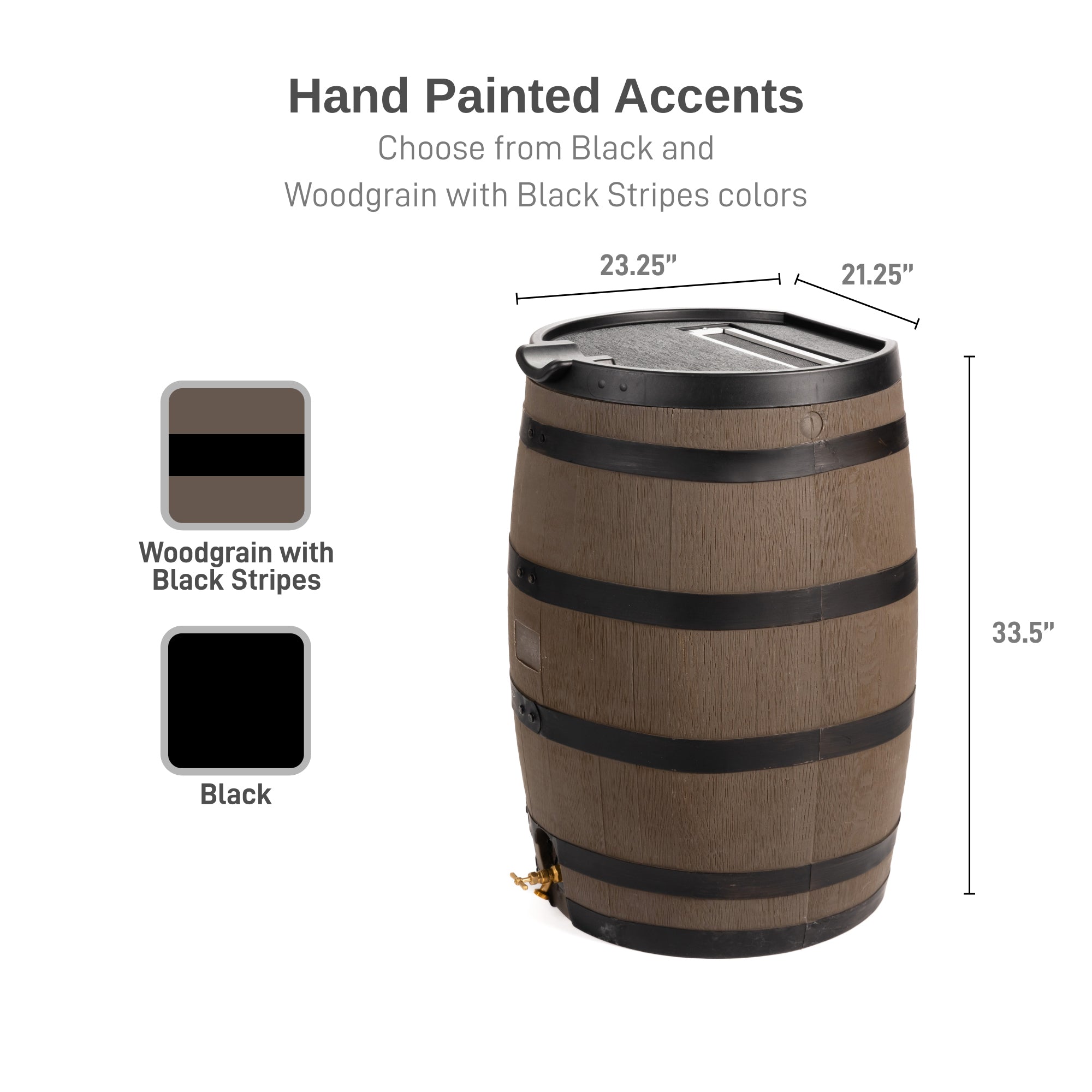 55 Gallon Premium Flat Back Rain Barrel with Removable Lid - Woodgrain with Black Stripes