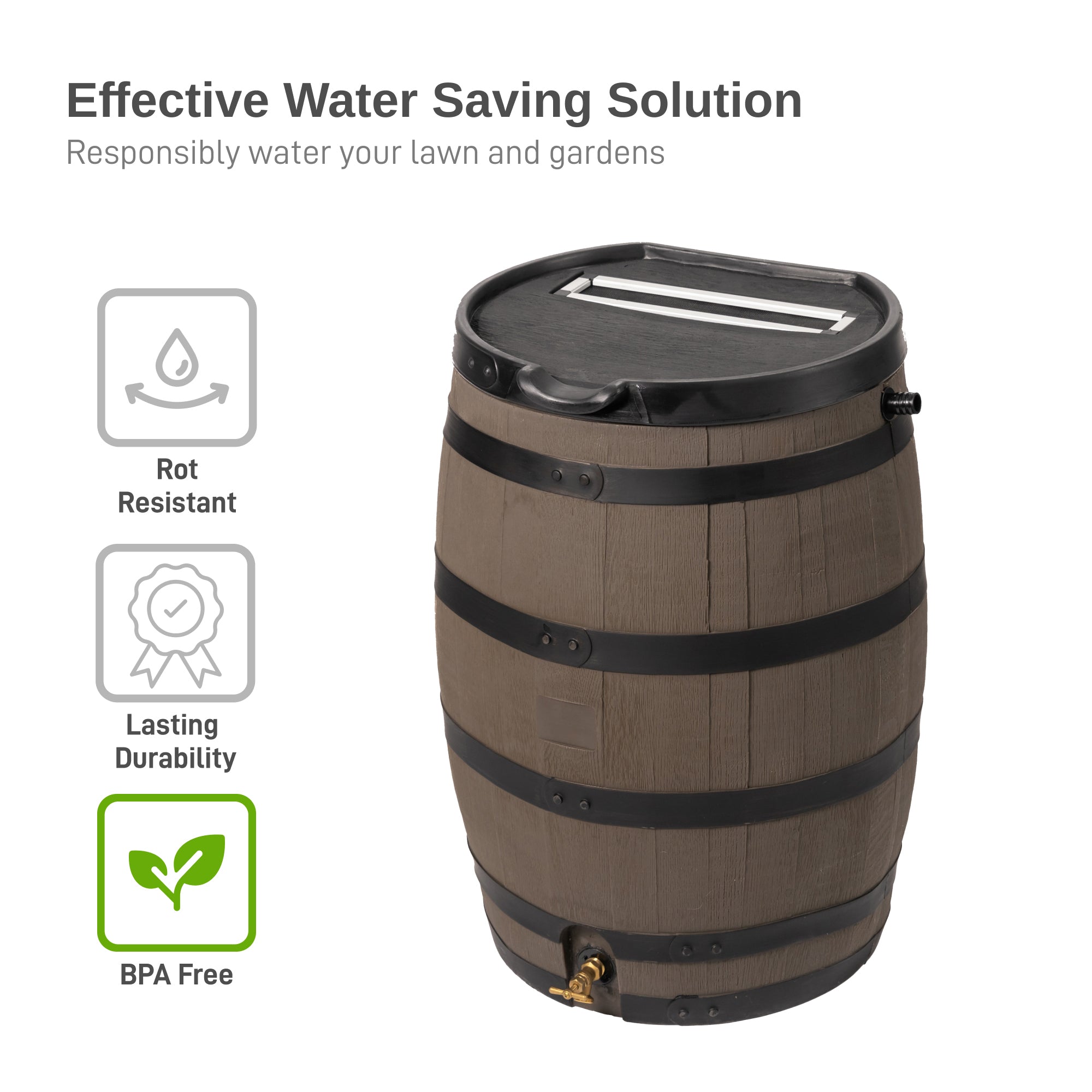 55 Gallon Premium Flat Back Rain Barrel with Removable Lid - Woodgrain with Black Stripes