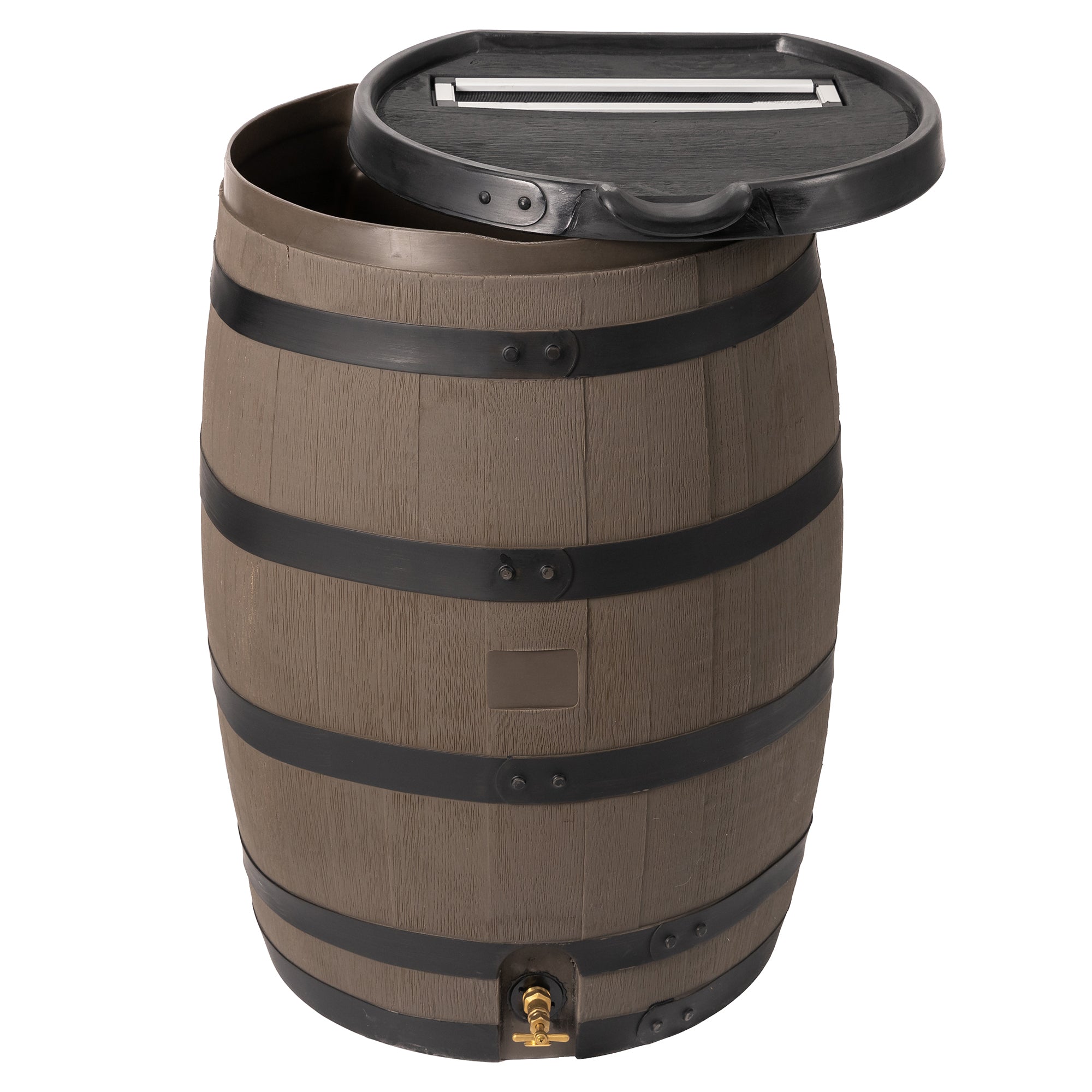 55 Gallon Premium Flat Back Rain Barrel with Removable Lid - Woodgrain with Black Stripes