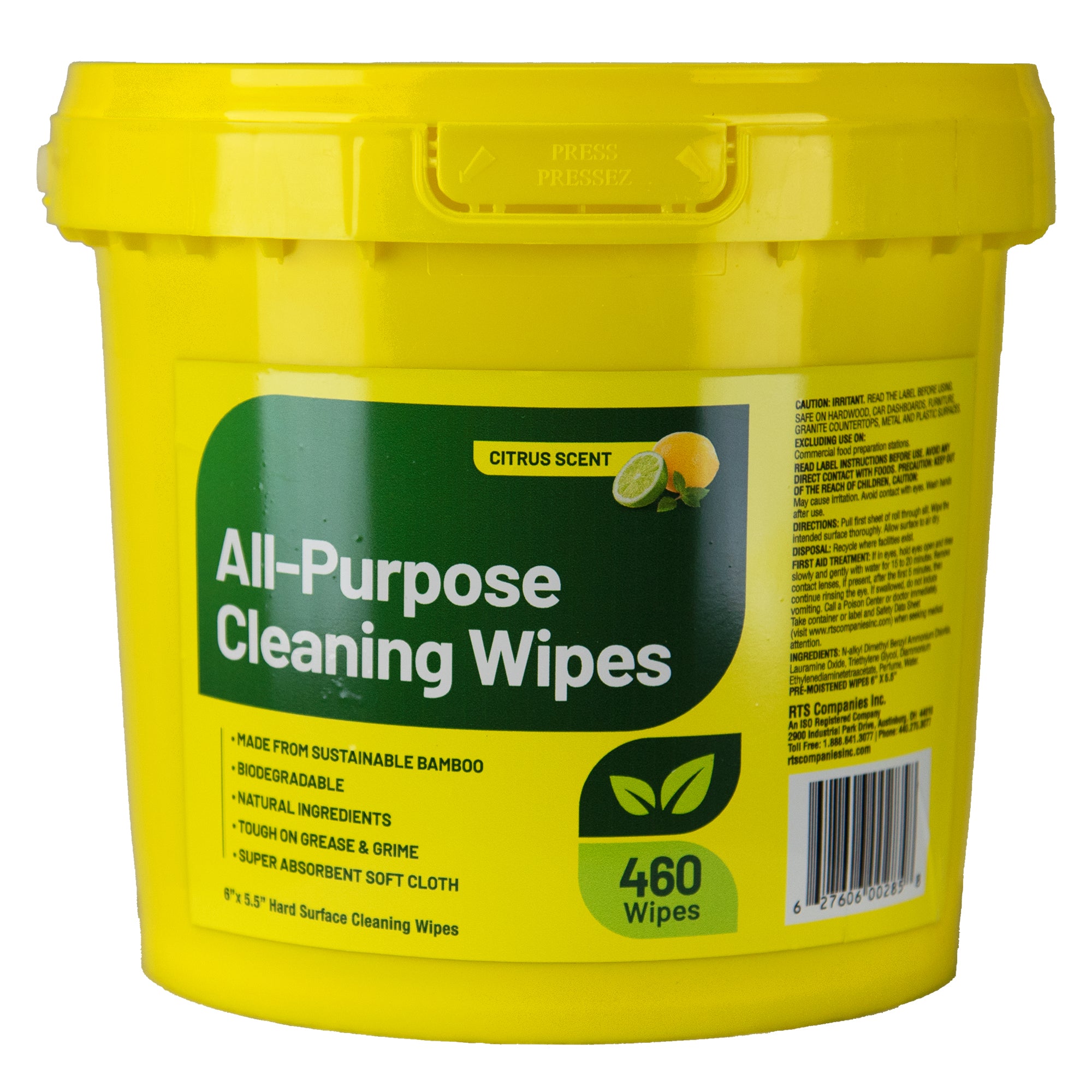 All-Purpose Cleaning Wipes, yellow bucket of 460 wipes on a white background