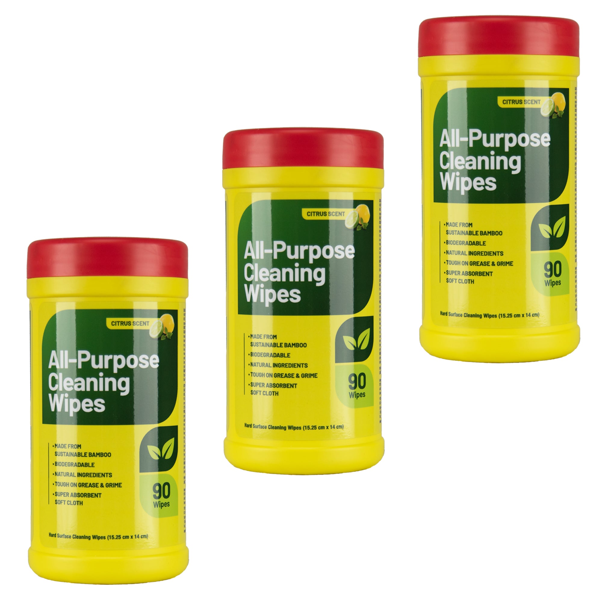 3 canister of All-Purpose Cleaning Wipes, 90 wipes per canister on a white background