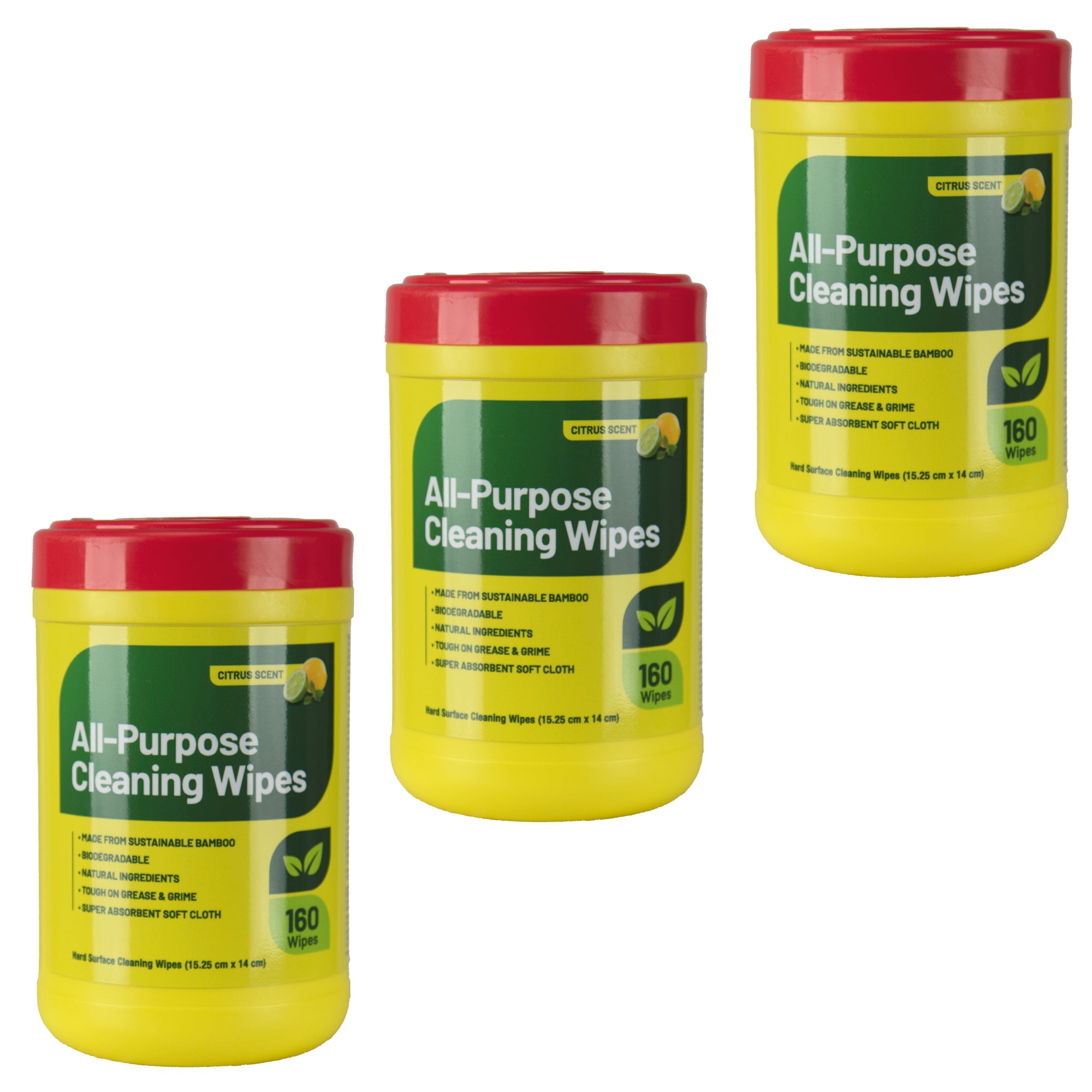 3 canister of All-Purpose Cleaning Wipes, 160 wipes per canister on a white background