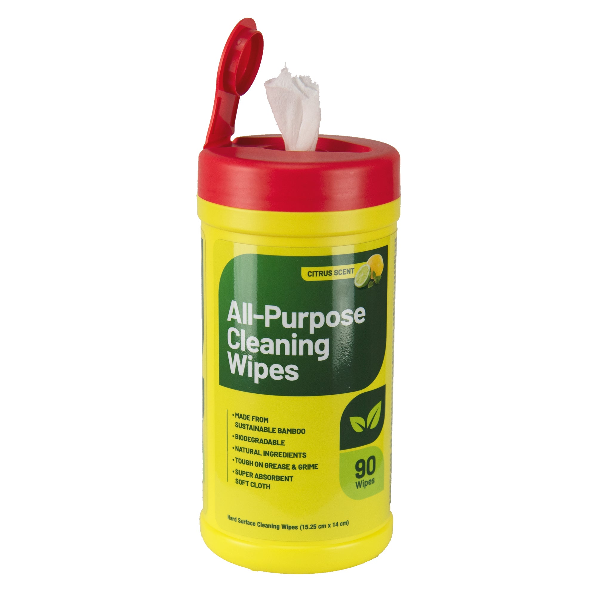 All-Purpose Cleaning Wipes, canister of 90 wipes with the lid open and one wipe sticking out the top on a white background