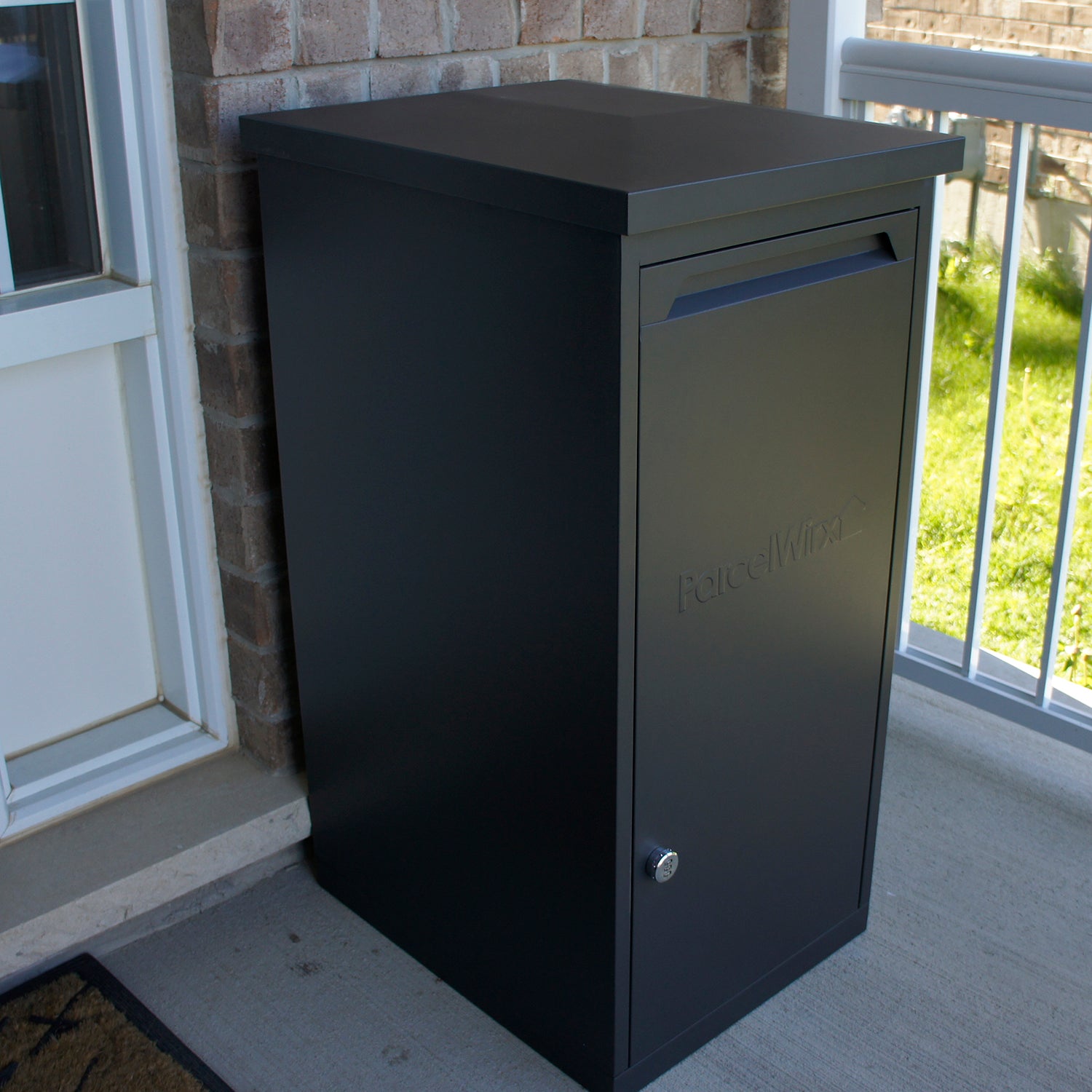 close up of ParcelWirx storage cabinet on a front porch