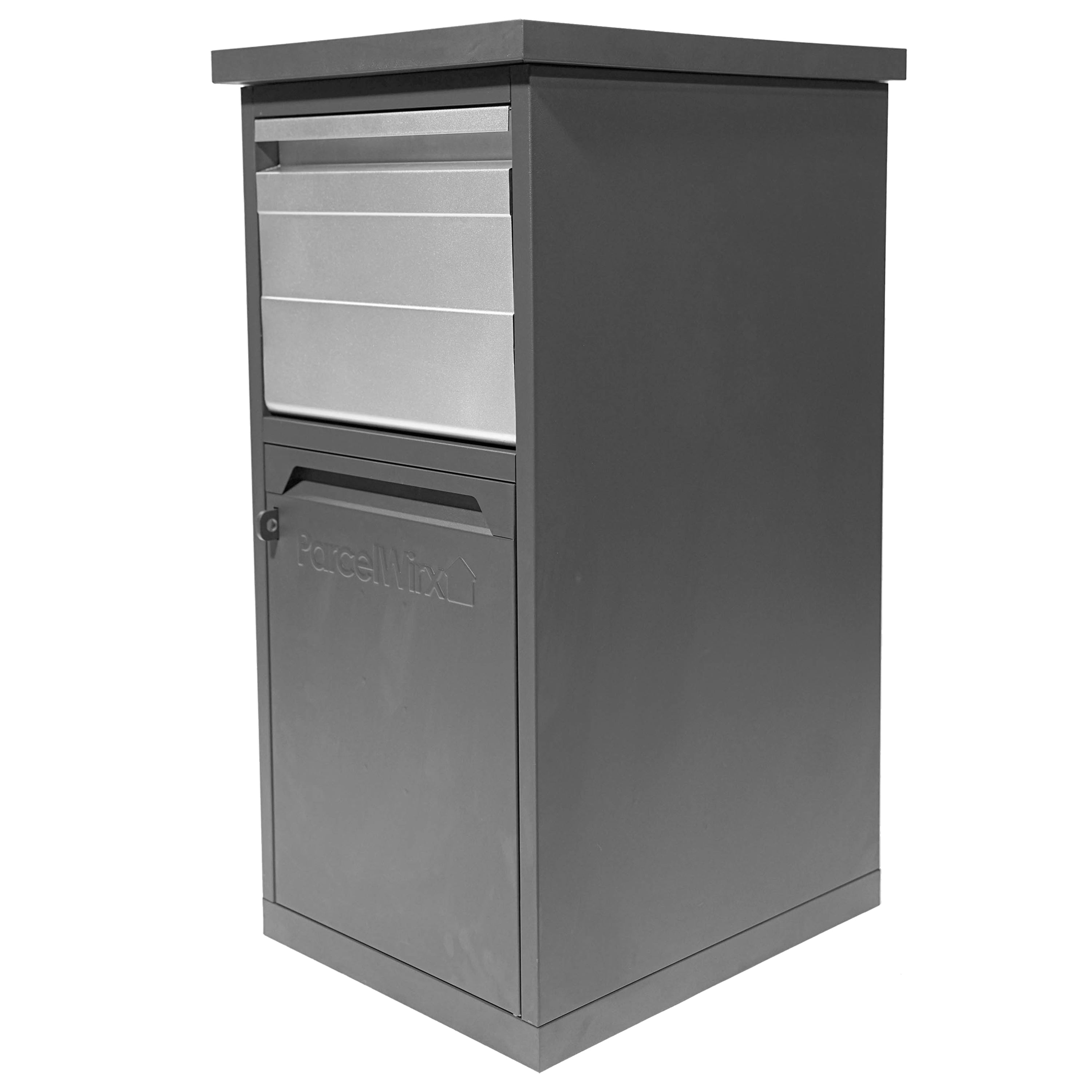 side angle of parcelwirx drop box with chute on a white background