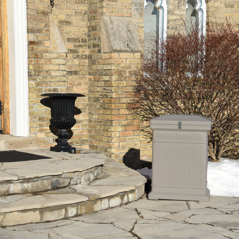 ParcelWirx premium vertical dropbox in prestige pewter on front porch