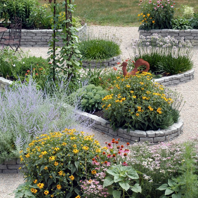 garden with flowers and rock lock garden beds