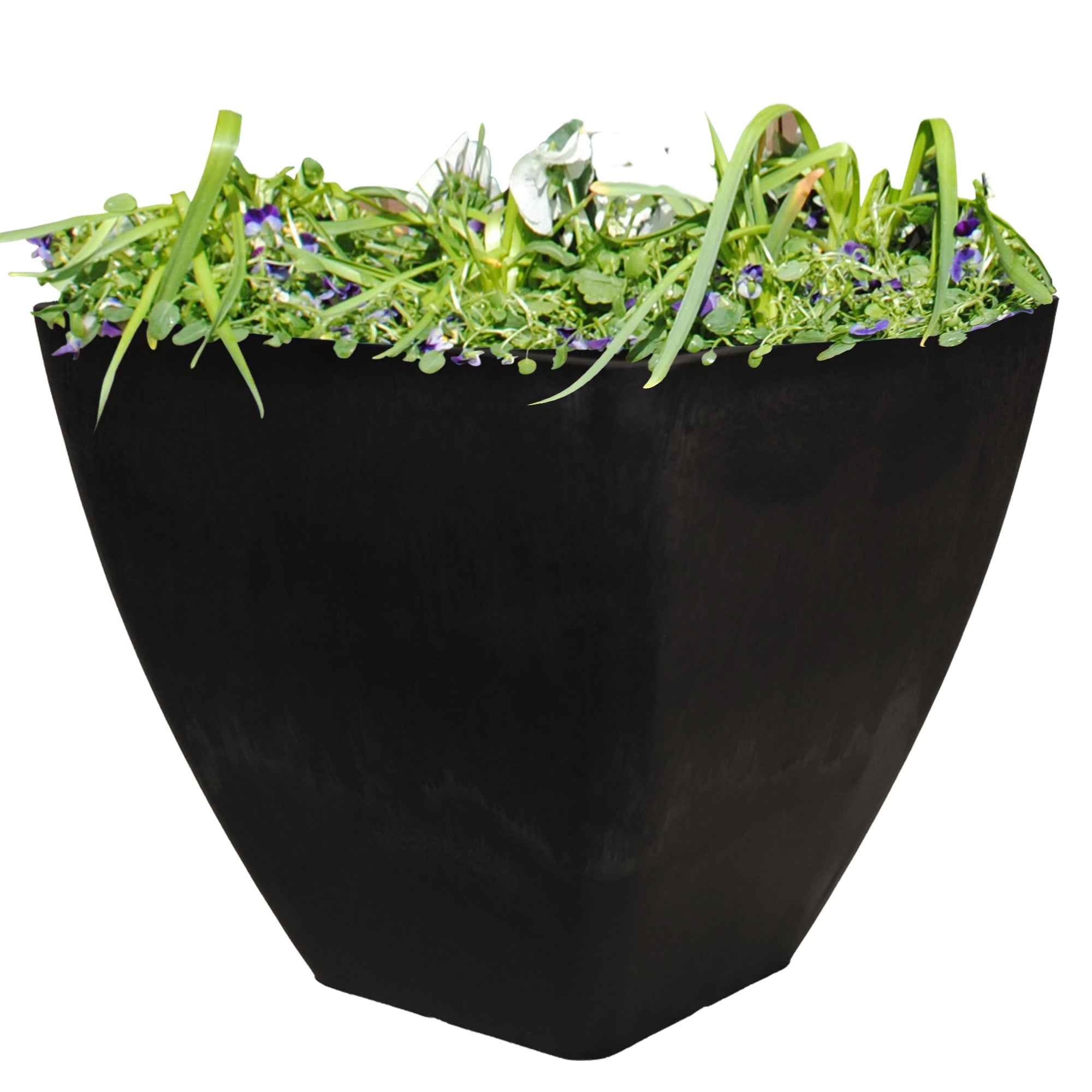12 inch planter in graphite with flowers on a white background