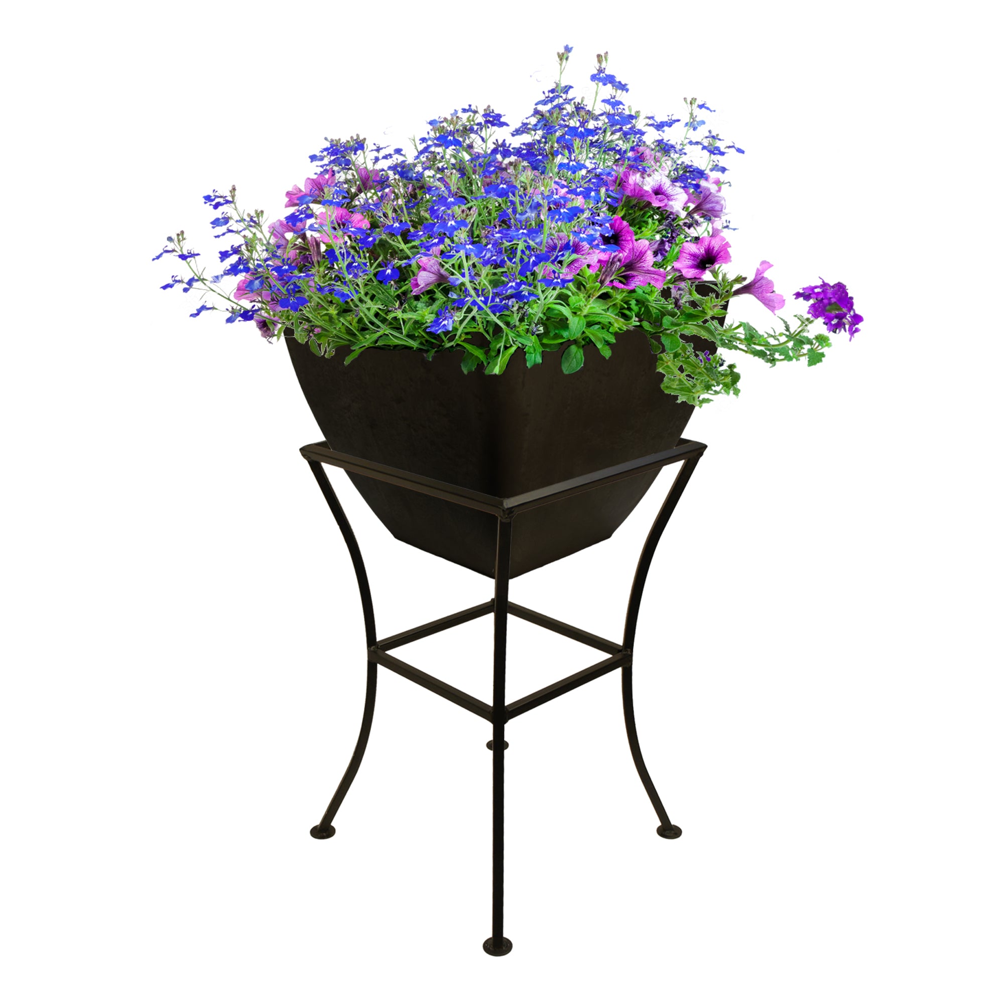 16 inch square planter in graphite with black stand with flowers inside on a white background
