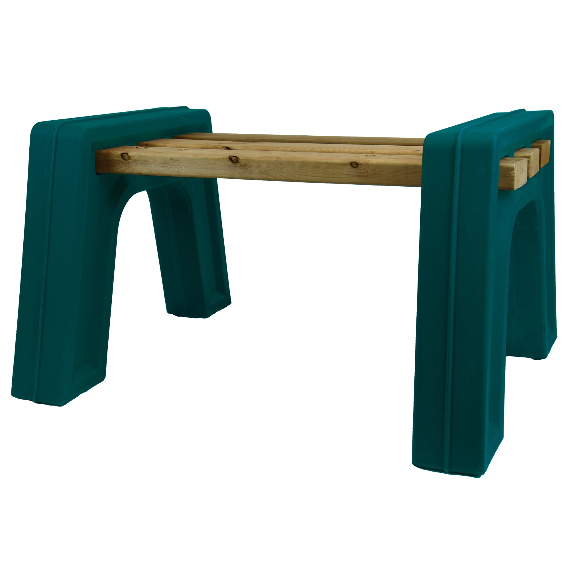 Green backless bench with wood on a white background