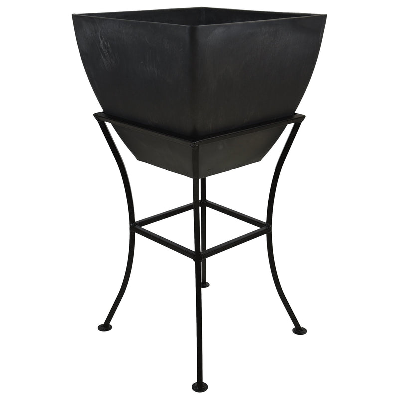 16x16 graphite square planter with a stand on a white background