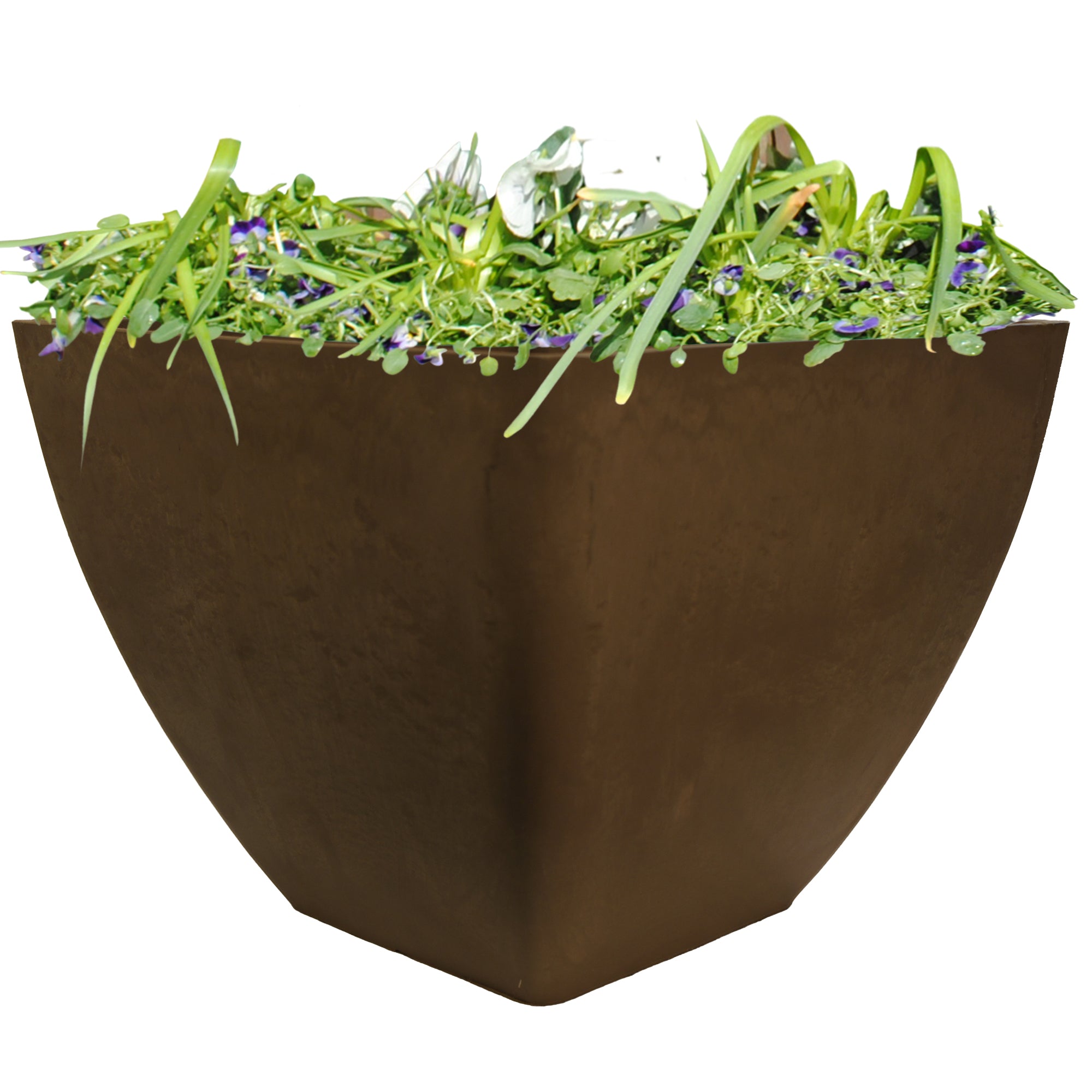 16 inch square planter in oak with flowers inside on a white background