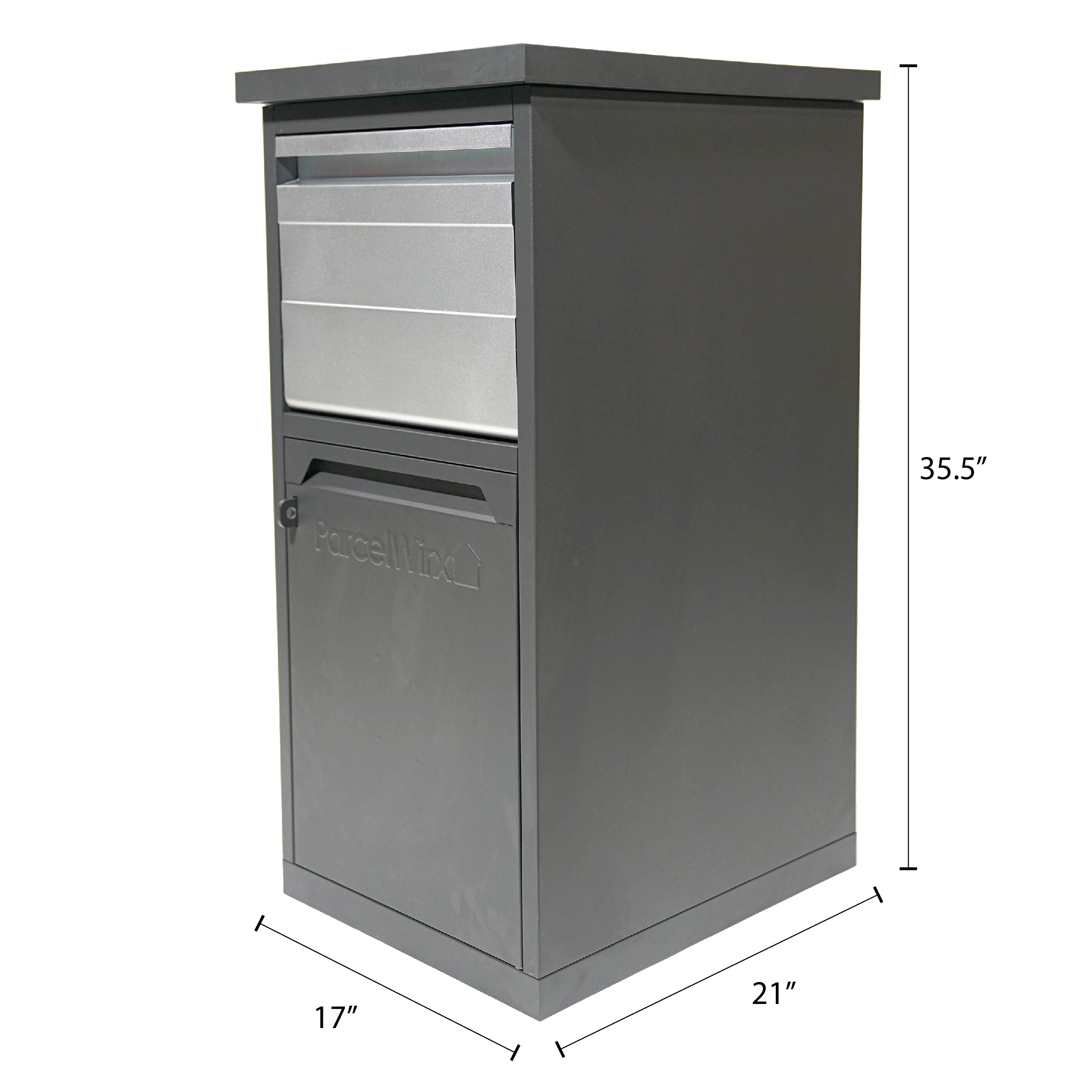side angle of parcelwirx drop box with chute on a white background with measurements
