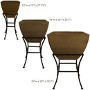 12 inch, 16 inch and 20 inch square planters in oak with black stand and measurements on a white background